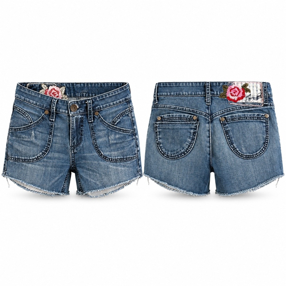 Blue Tattoo Denim Shorts Womens 28 Y2K Low Rise Rose Embroidered Cutoff USA